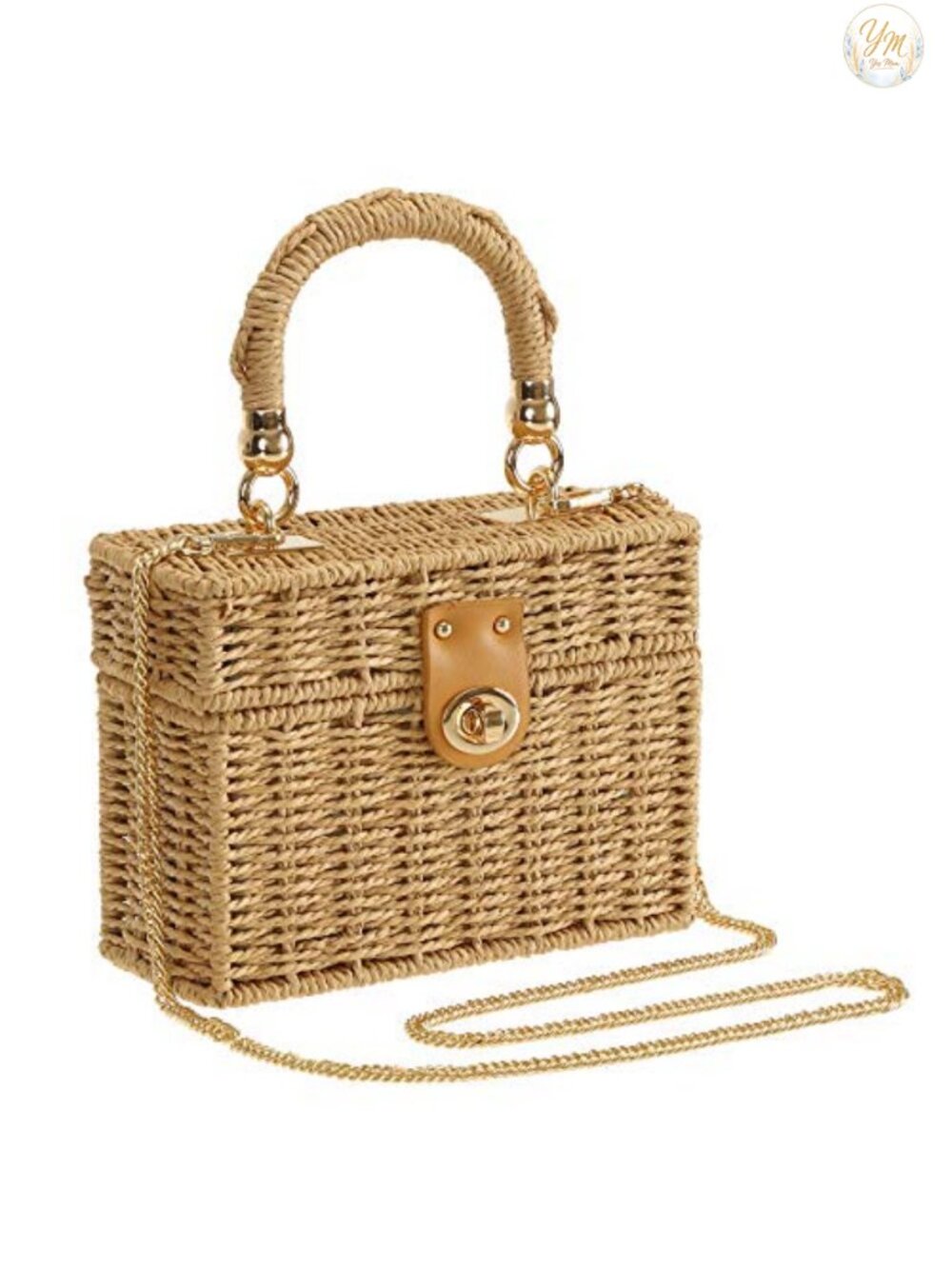 Rattan Wicker Square Crossbody Bag Gold Metal Chain Strap Boho Purse